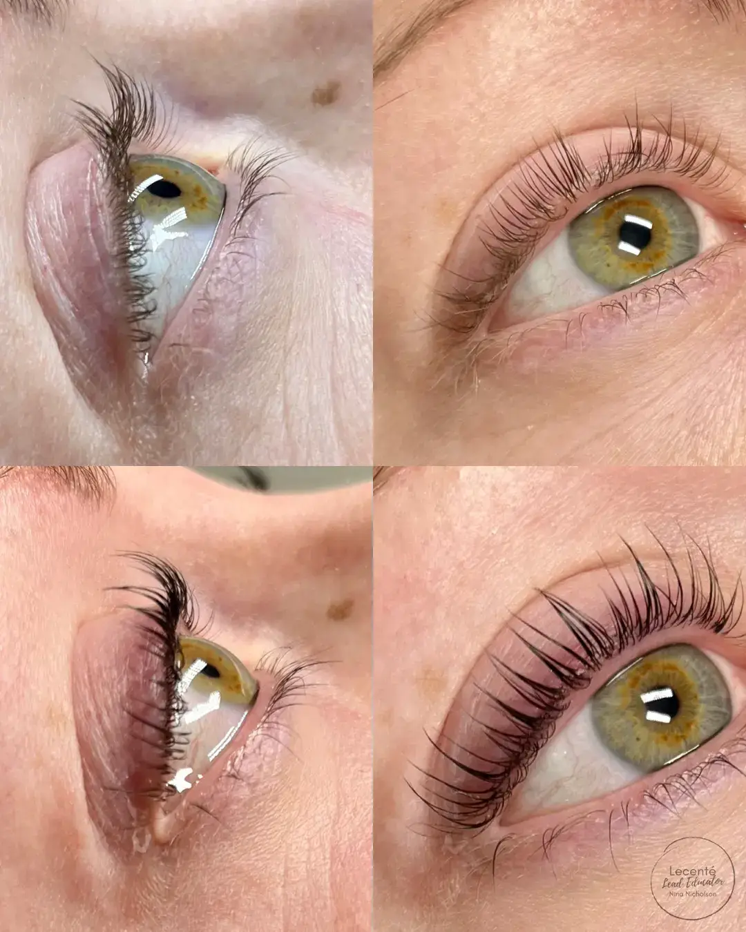 A collage of four close-up images showing a green eye with natural lashes before and after a lash lift treatment; lashes appear straighter in the before images and visibly curled in the after images.
