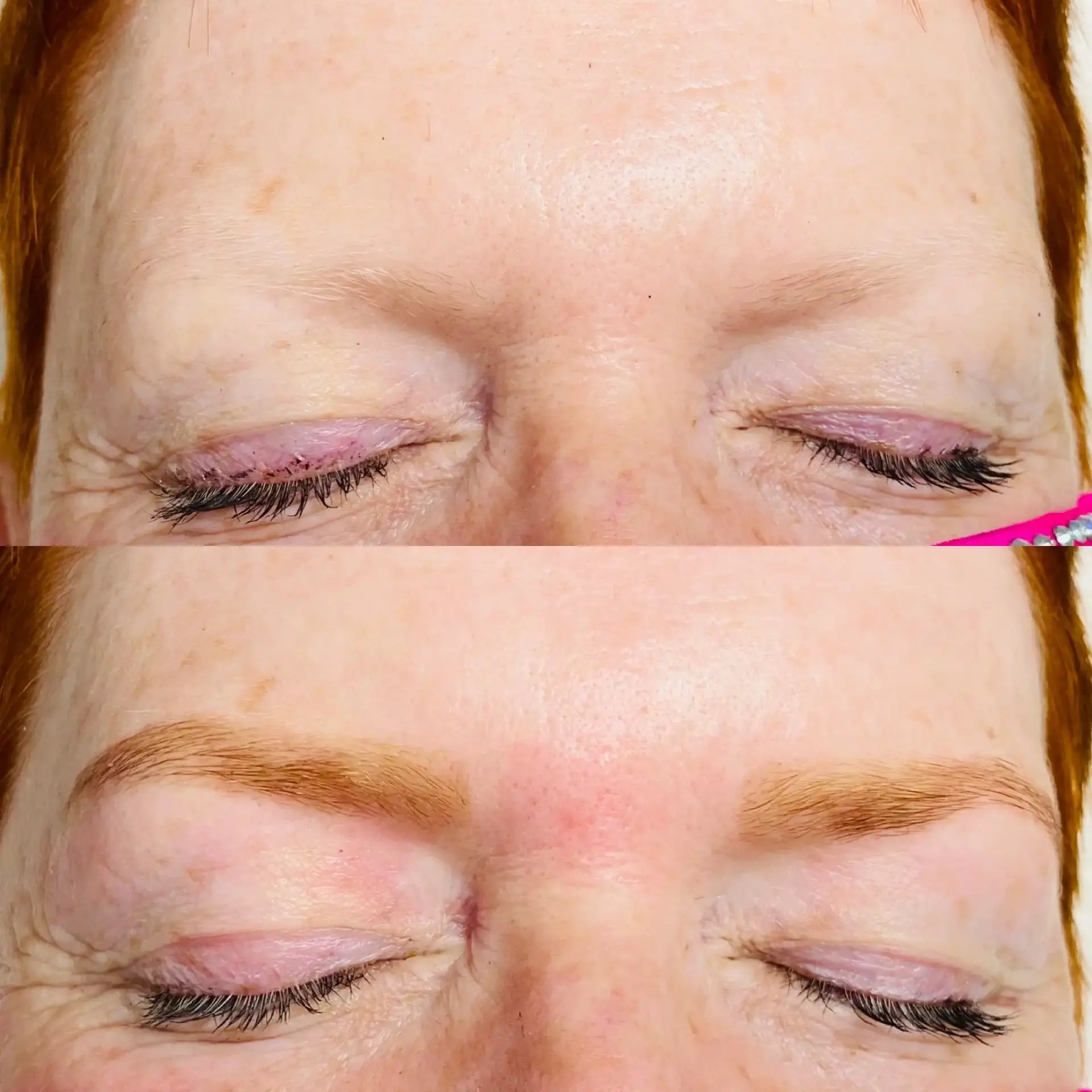 Close-up of a person's closed eyes. The top image shows very sparse or no visible eyebrows, whilst the bottom image shows defined, filled-in eyebrows, highlighting an eyebrow transformation.