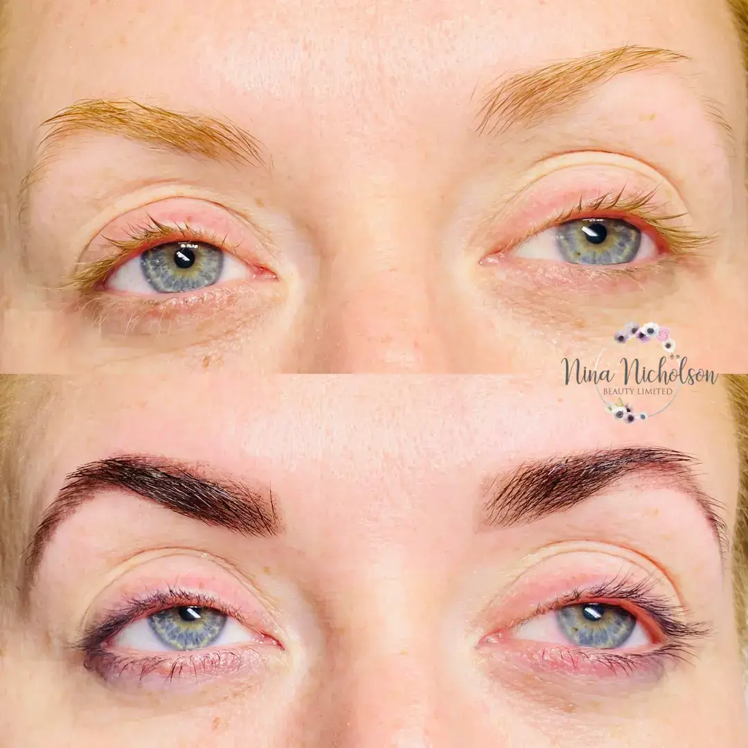 Close-up of a person’s eyes, showing a before (top) and after (bottom) comparison of eyebrow enhancement. The top image shows sparse, fair eyebrows; the bottom shows fuller, darker, well-shaped eyebrows.