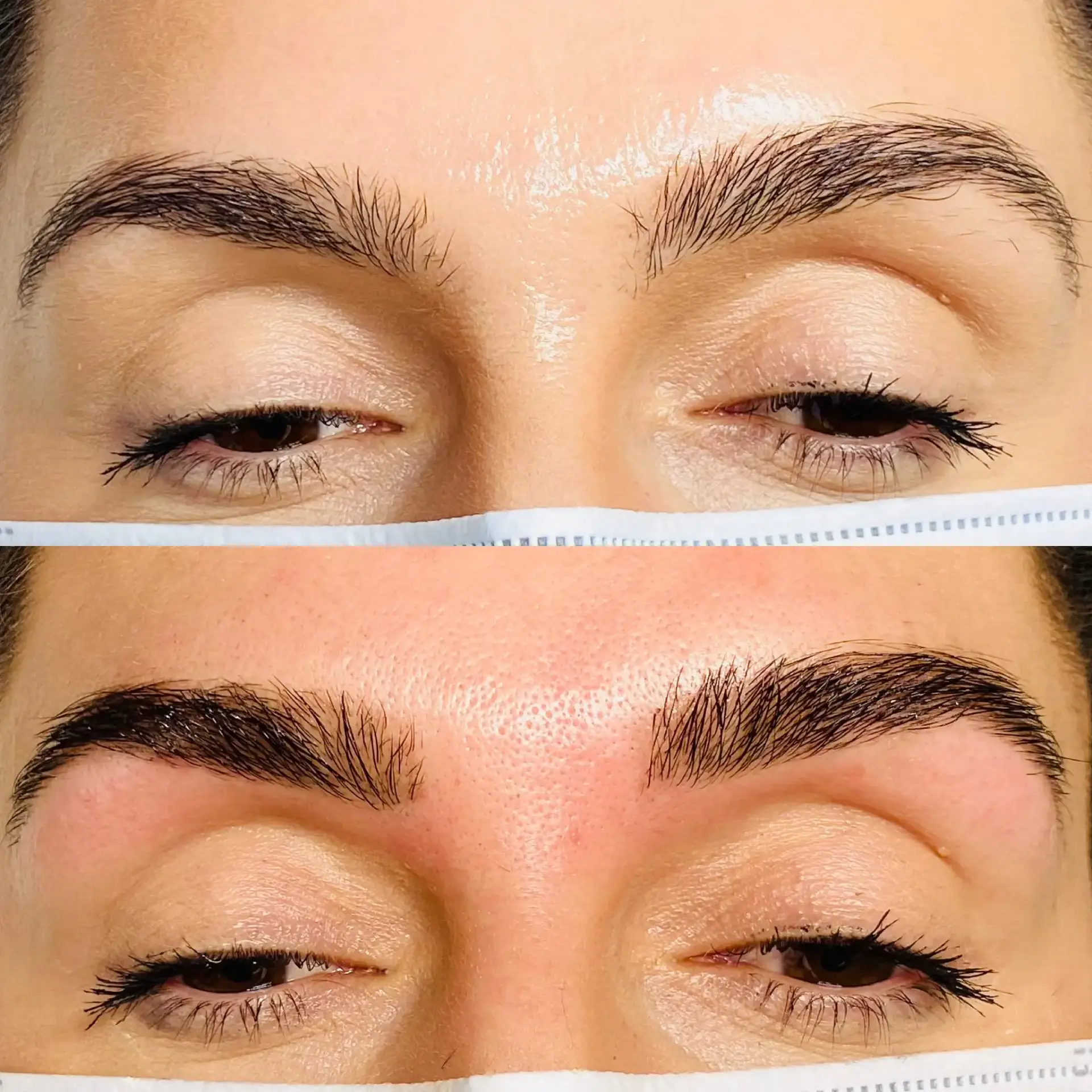 Close-up of a person's eyebrows and eyes, showing a before and after comparison. The top image shows natural, uneven brows; the bottom image shows fuller, neatly shaped, and groomed brows. Both images include a face mask.