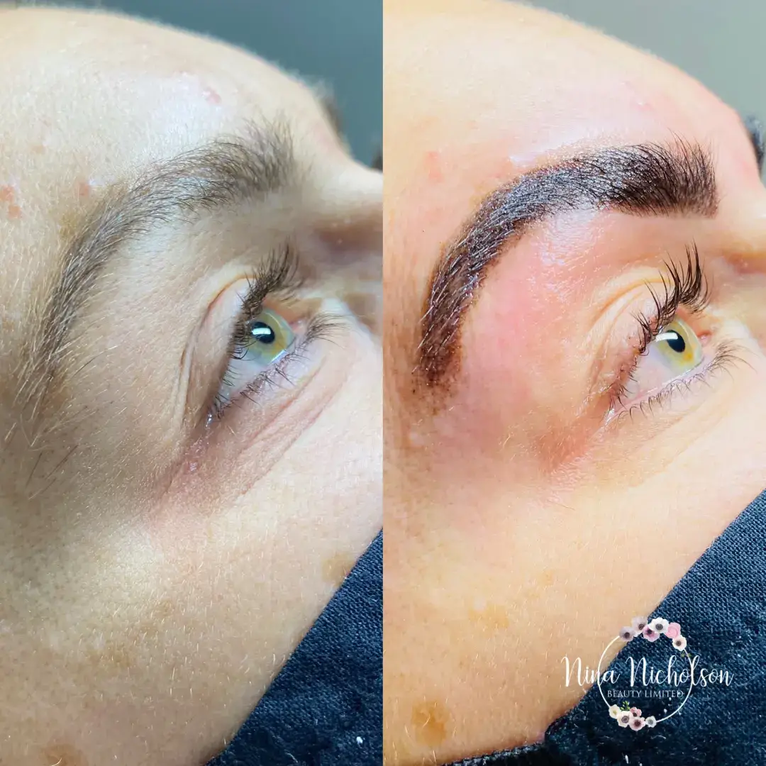 Side-by-side comparison of a person's eyebrow before and after microblading; the left shows a natural, sparse brow, whilst the right shows a fuller, well-defined, and darker eyebrow.