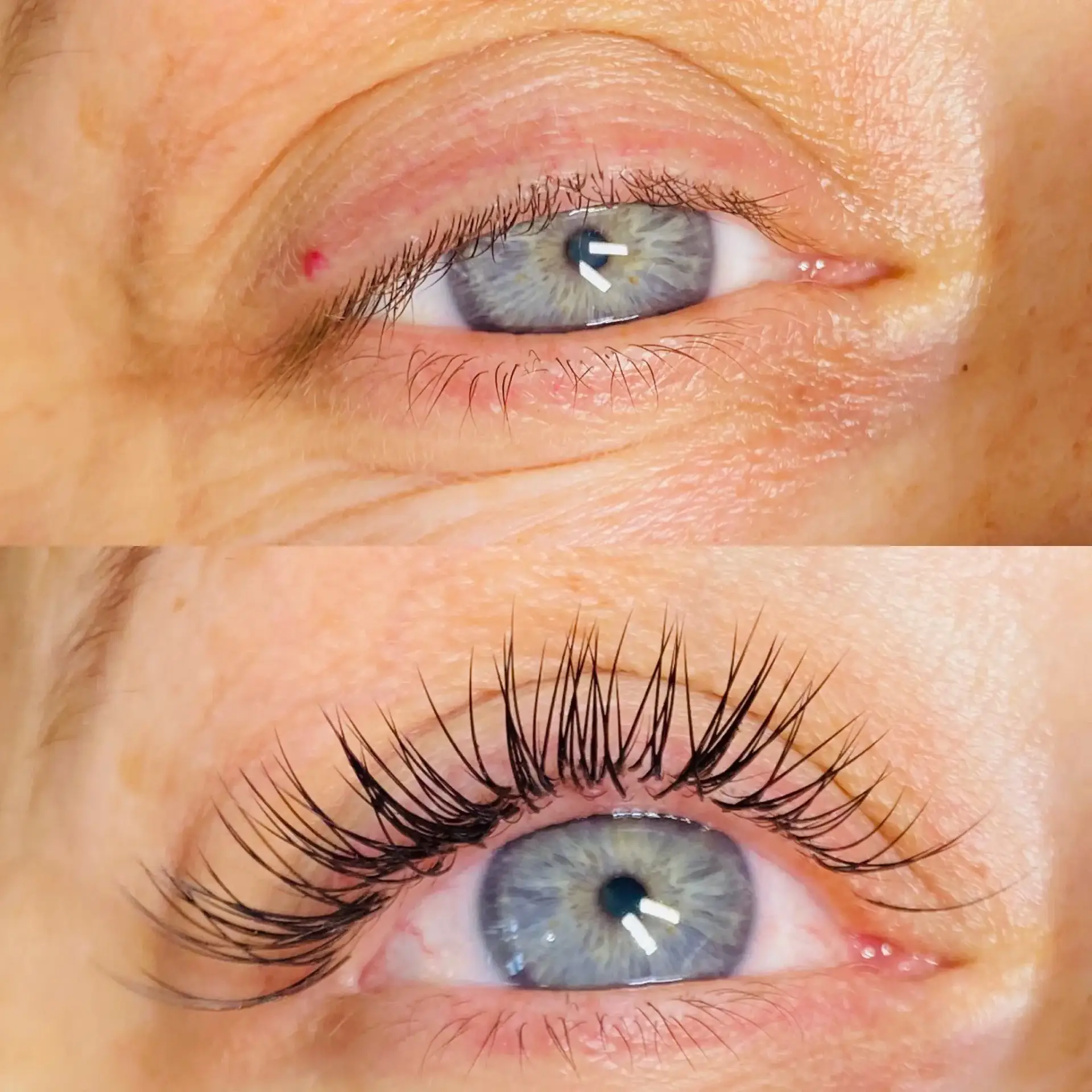 Close-up of a blue eye in two images: the top shows natural eyelashes, whilst the bottom shows the same eye with long, thick, curled eyelash extensions.