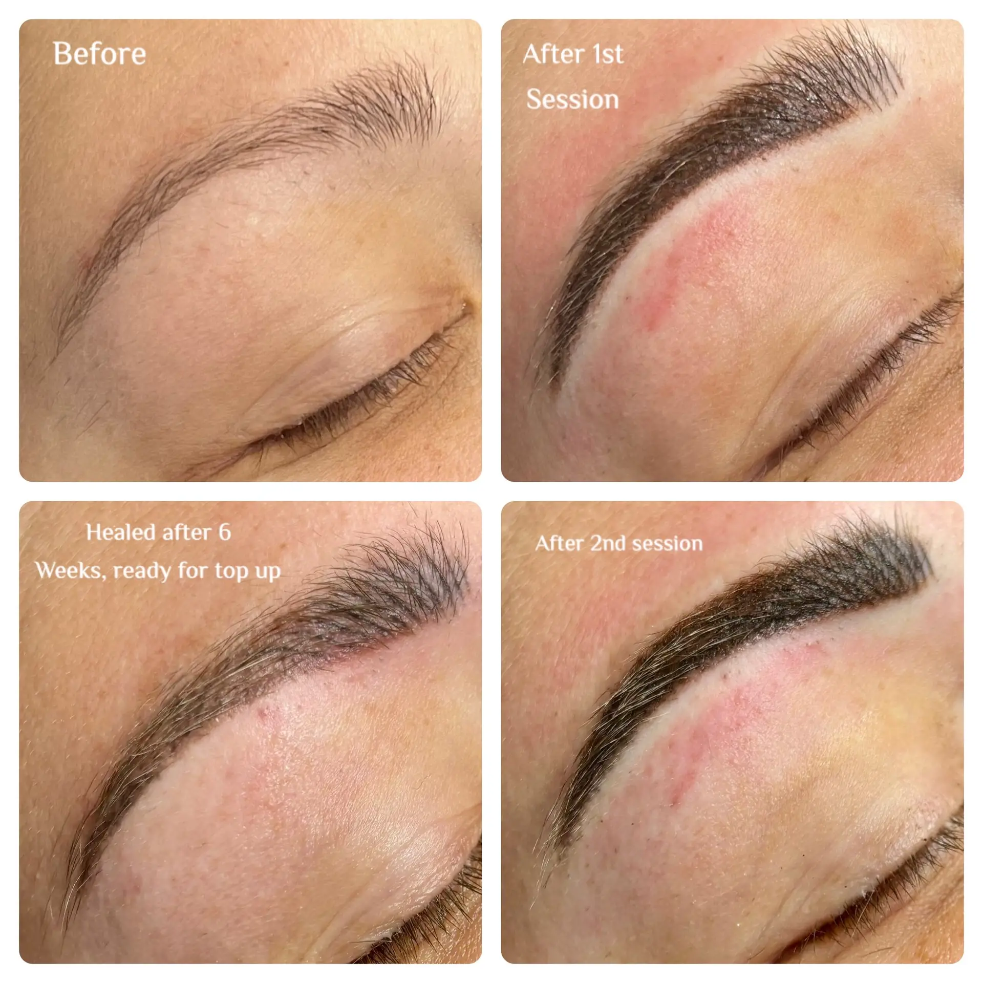 A four-panel image showing the progression of an eyebrow microblading procedure: top left is a natural brow (before), top right is after the first session, bottom left is healed after six weeks, and bottom right is after the second session.
