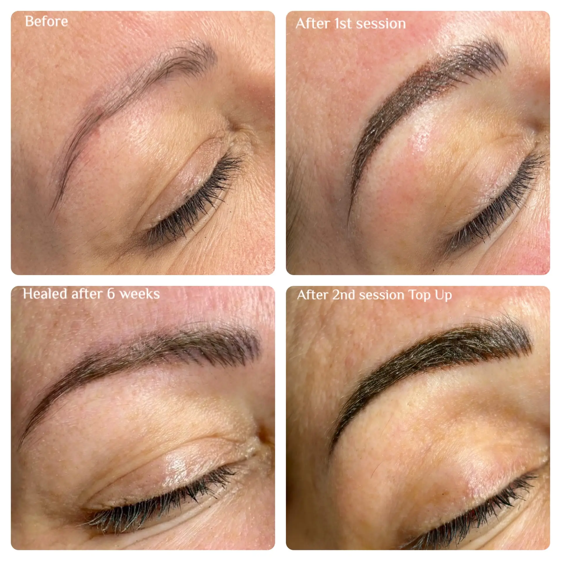 A collage of four close-up images shows the stages of eyebrow microblading: sparse brows before, defined brows after the first session, healed brows after six weeks, and fuller brows after a second top-up session.