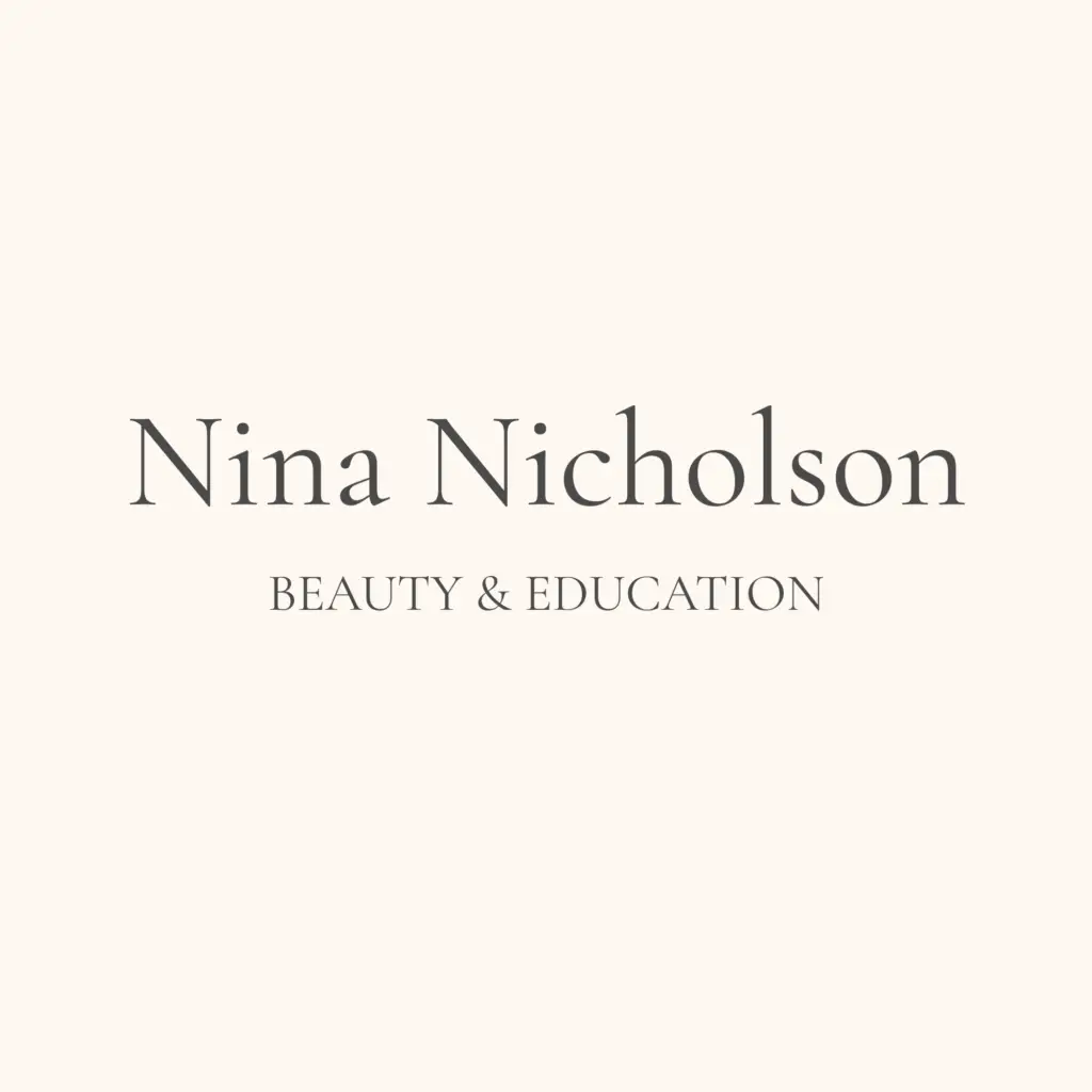 Text on a light beige background reads Nina Nicholson in large font, with BEAUTY & EDUCATION in smaller capital letters centred below.