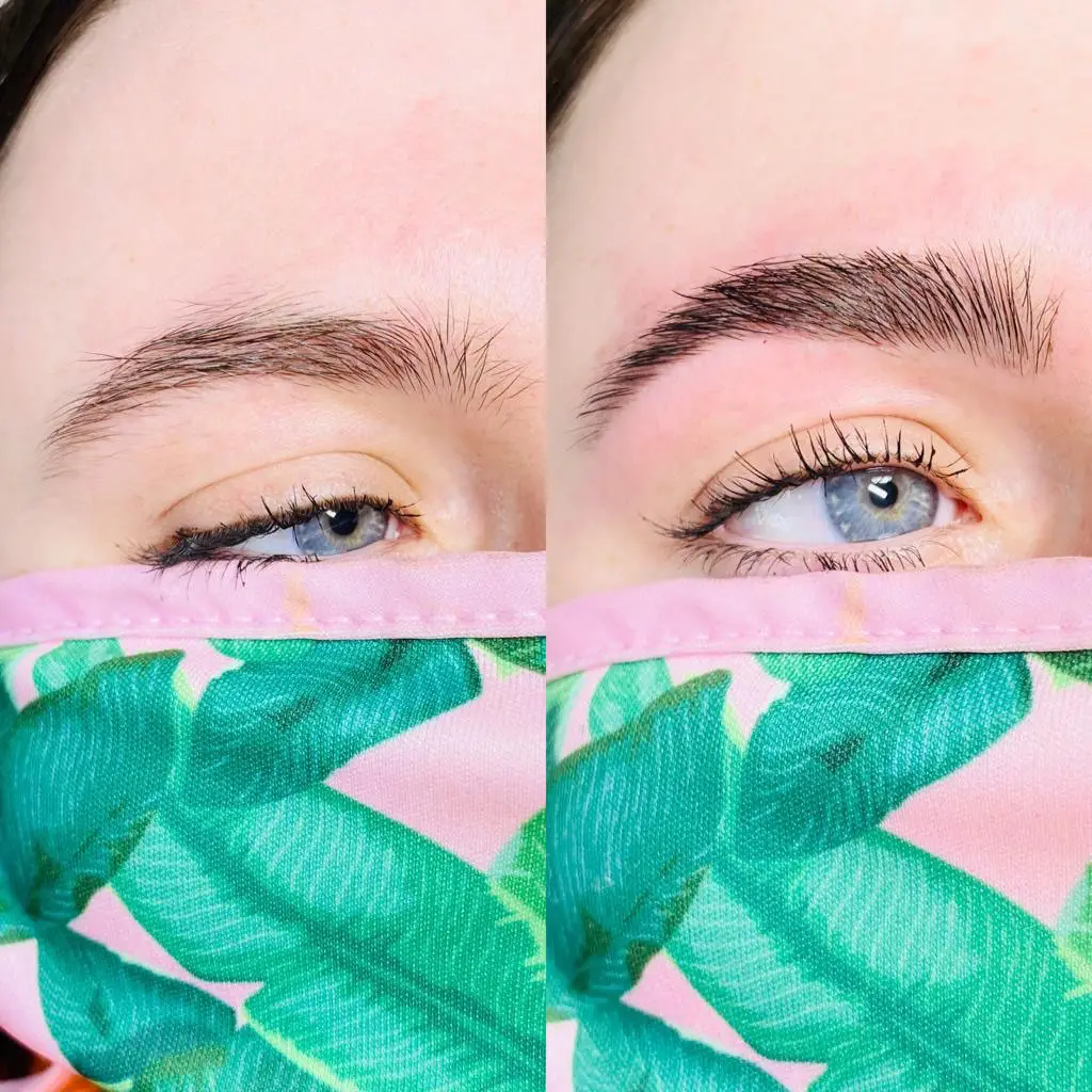 Side-by-side close-up photos of a person’s eye and eyebrow, wearing a colourful face mask; left image shows a natural eyebrow, right image shows a fuller, groomed eyebrow.