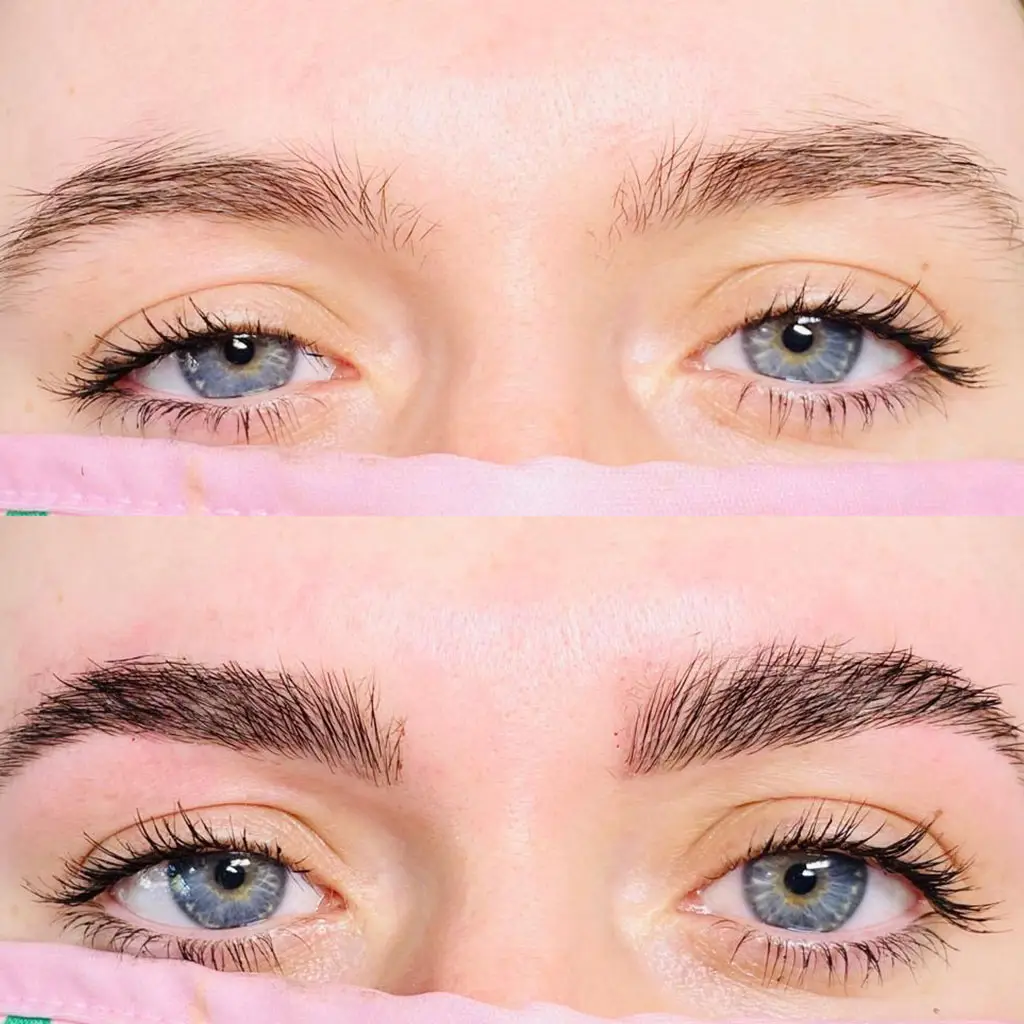 Close-up of blue eyes, showing eyebrows before (top) and after (bottom) grooming. The top image shows natural, ungroomed brows, while the bottom shows fuller, neatly shaped brows. A pink cloth partially covers the lower face.