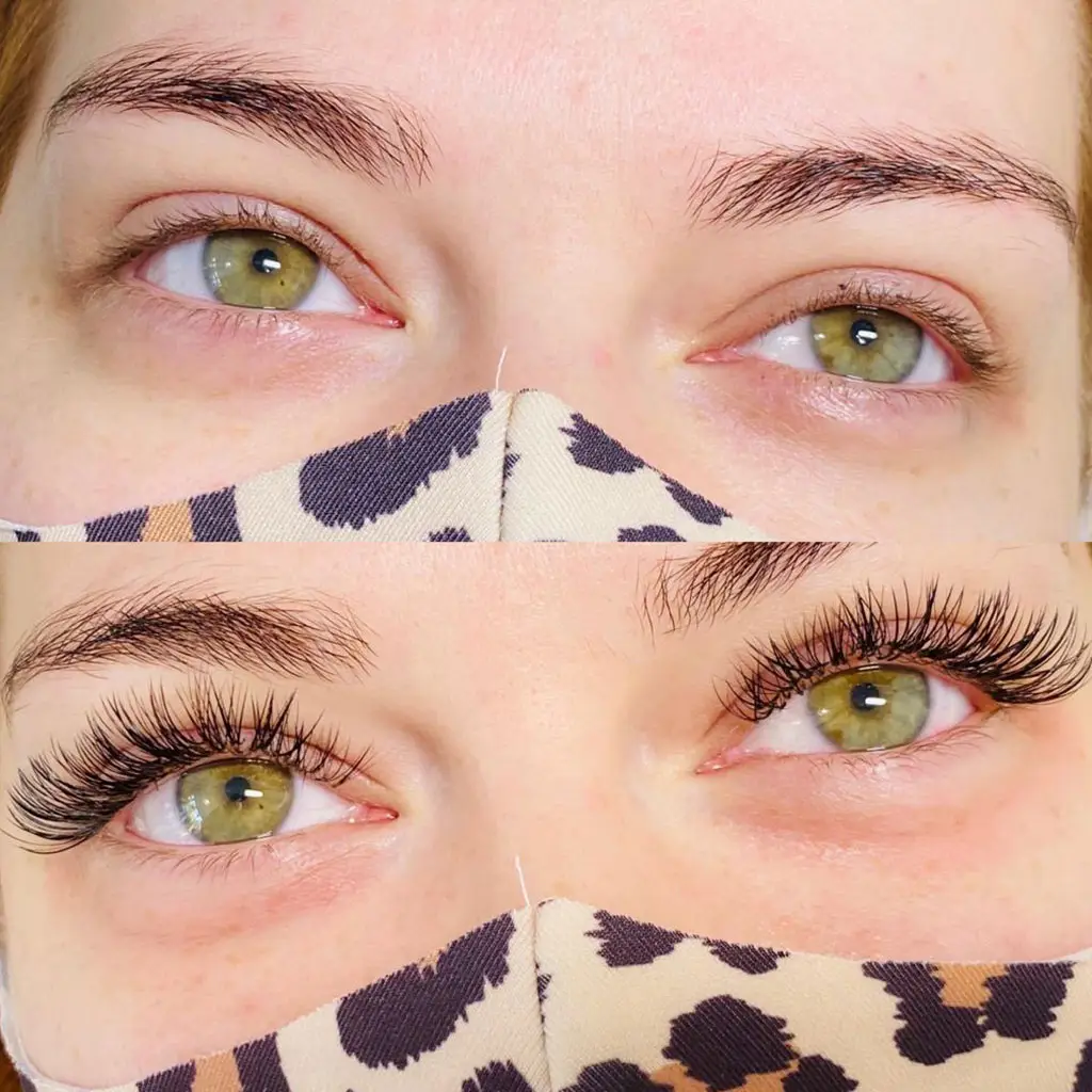Close-up of a person's eyes wearing a leopard print face mask; the top image shows natural lashes, whilst the bottom image shows long, voluminous eyelash extensions.
