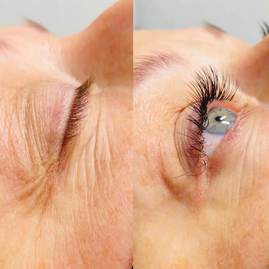 Side-by-side comparison of a person's closed eye with short eyelashes (left) and the same open eye with long, curled lashes after a lash lift or extension (right). Skin texture and wrinkles are visible.
