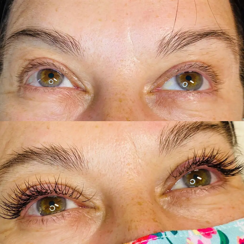 Close-up of a person's eyes, shown in two images. The top shows natural eyelashes, while the bottom shows longer, curled eyelashes, indicating an eyelash lift or enhancement.