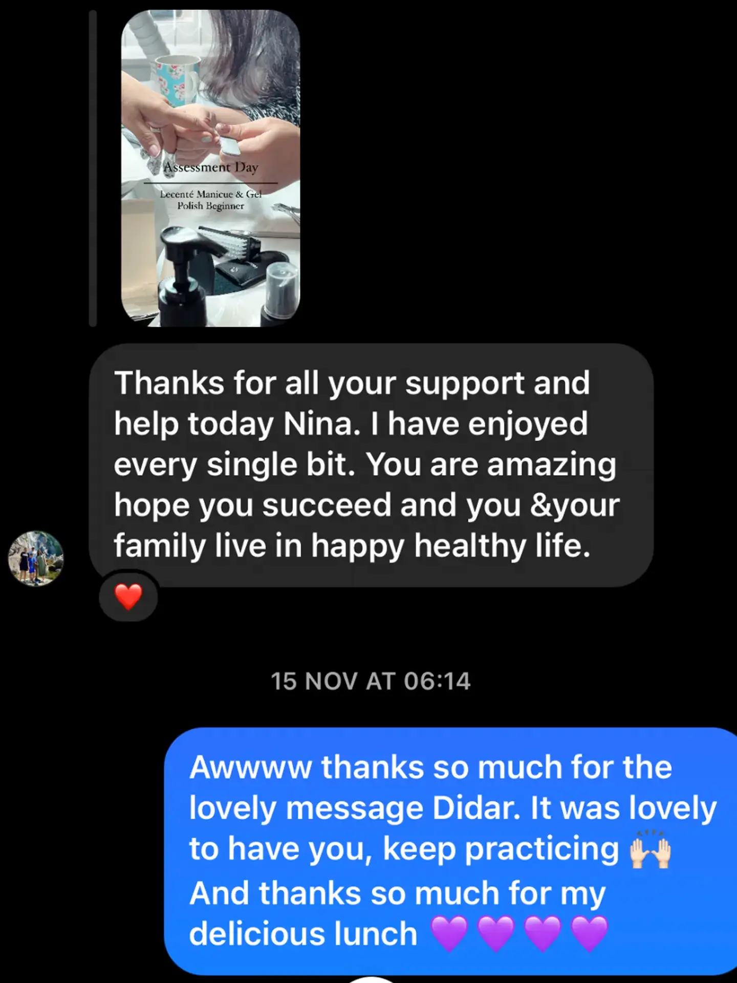 A screenshot of a chat shows a thank-you message from Didar to Nina, expressing gratitude and wishing her success and health. Nina responds appreciatively, thanking Didar for a delicious lunch with heart emojis.